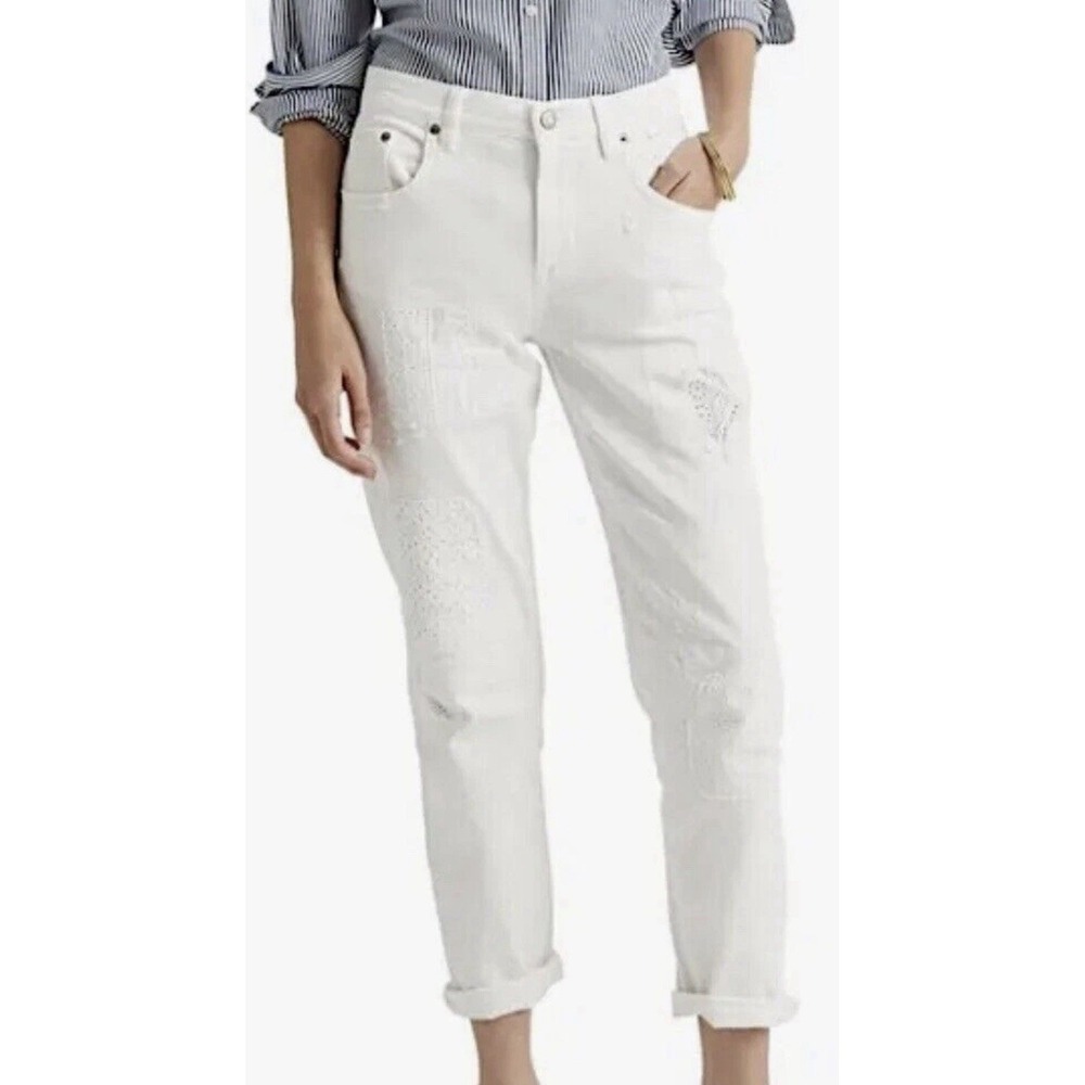 Lauren‎ Ralph Lauren Women White Eyelet-Patchwork Relaxed Tapered Jean SZ 0P